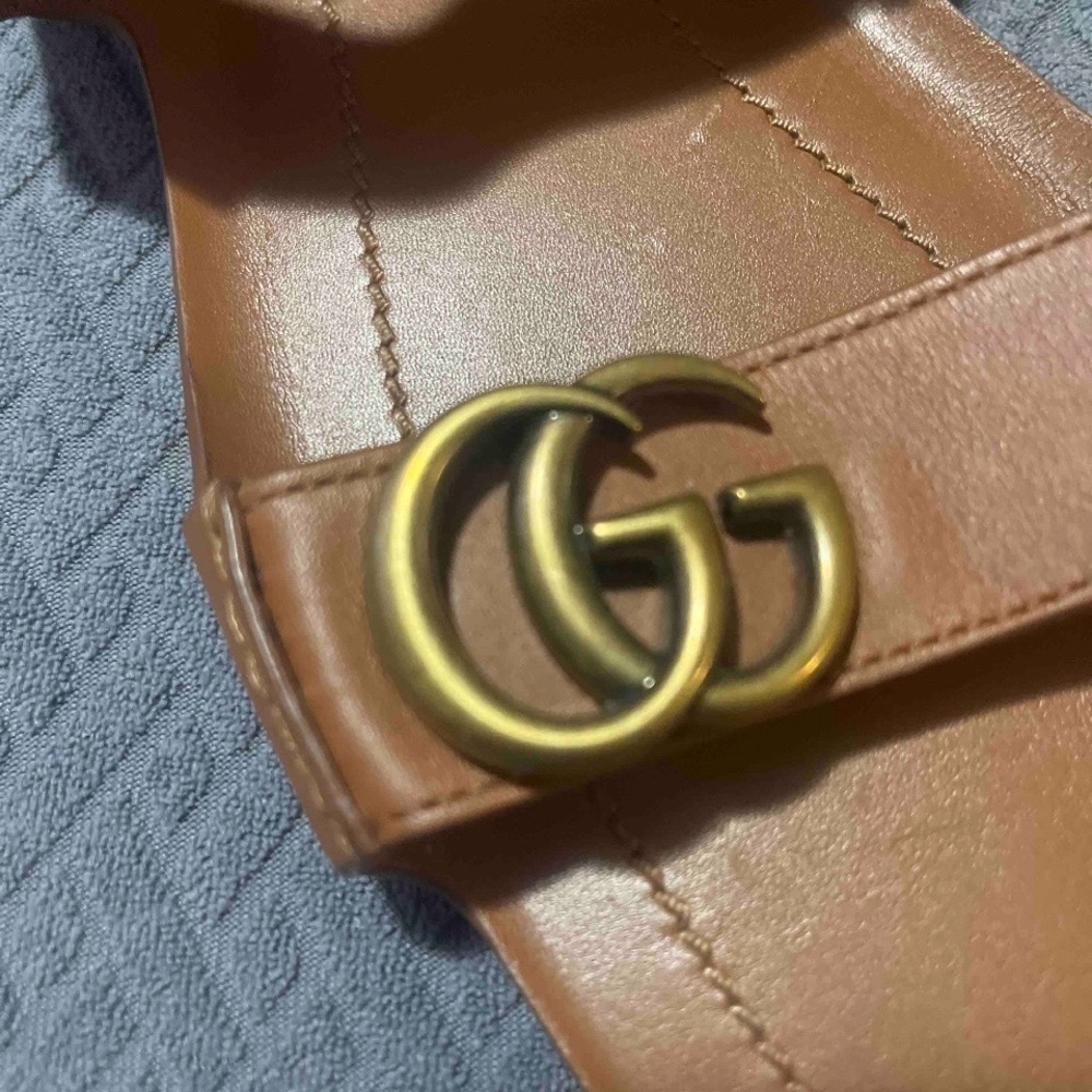 RARE SET Gucci Marmont Tan Leather Flat Sandals Size 39 / US 9 + Rainbow Dustbag - Picture 7 of 15